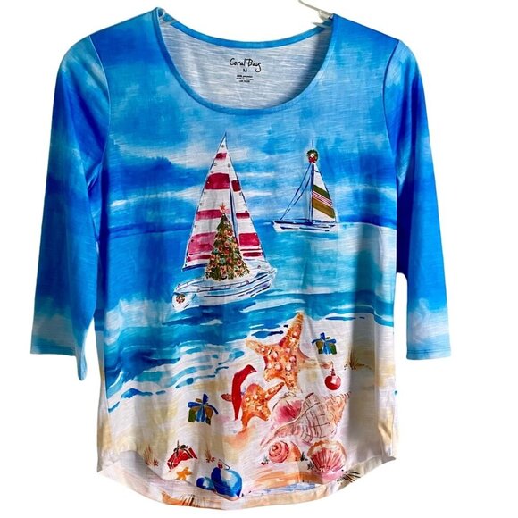 Coral Bay 3/4 Sleeve Beach Christmas Design Women's Medium Top NEW - Picture 1 of 8
